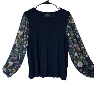 T TAHARI Black Sheer Floral Balloon Sleeve Shirt Top Career Whimsygoth Size 1X